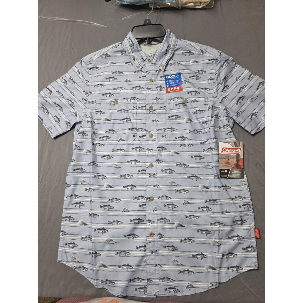 Coleman Fishing Shirt Men's Small UPF 50 Cool Dry Blue Fish NWT